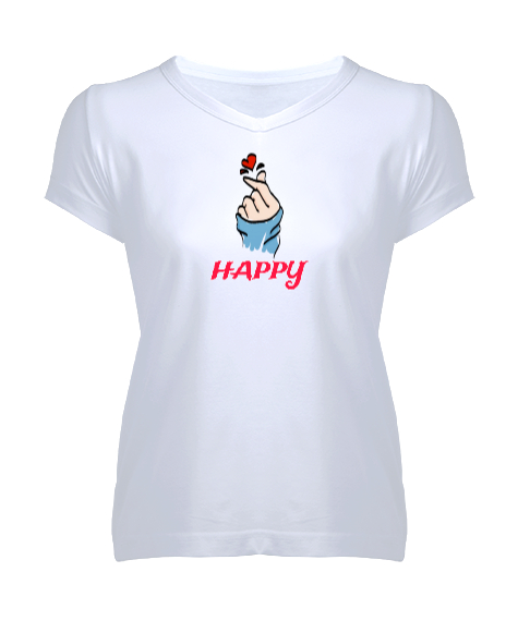 Tisho - Mutlu et kendini Beyaz Kadın V Yaka Tişört