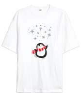 Mutlu Penguen Beyaz Oversize Unisex Tişört - Tisho