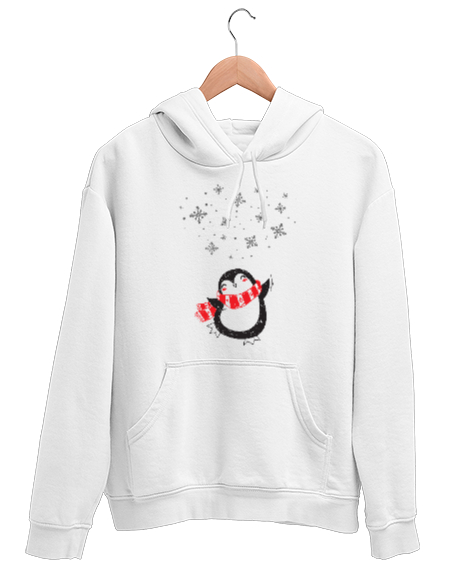 Tisho - Mutlu Penguen Beyaz Unisex Kapşonlu Sweatshirt