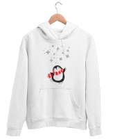 Mutlu Penguen Beyaz Unisex Kapşonlu Sweatshirt - Tisho