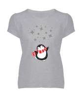 Mutlu Penguen Gri Kadın V Yaka Tişört - Tisho