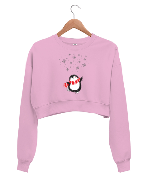 Tisho - Mutlu Penguen Pembe Kadın Crop Sweatshirt
