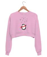 Mutlu Penguen Pembe Kadın Crop Sweatshirt - Tisho