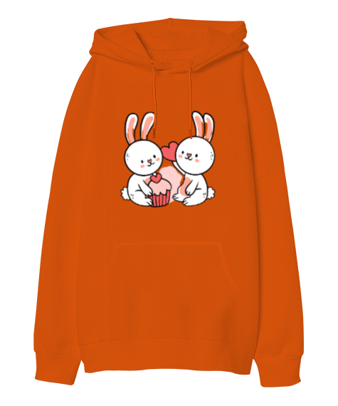 Tisho - mutlu tavşanlar Turuncu Oversize Unisex Kapüşonlu Sweatshirt