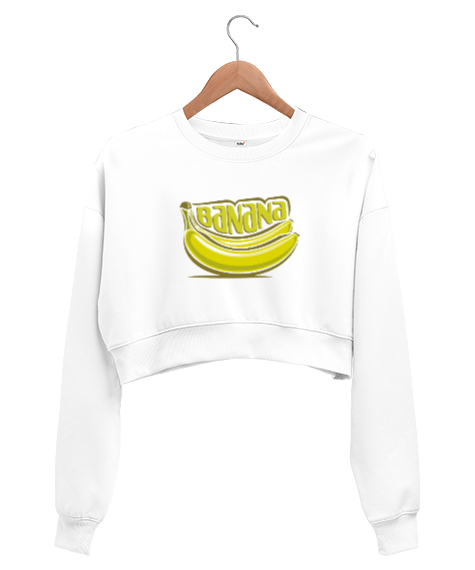 Tisho - Muz baskılı Beyaz Kadın Crop Sweatshirt