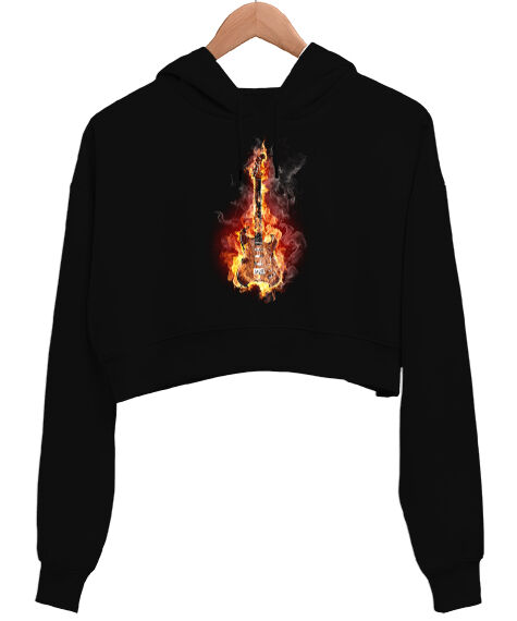 Tisho - Müziğin Ateşi Siyah Kadın Crop Hoodie Kapüşonlu Sweatshirt