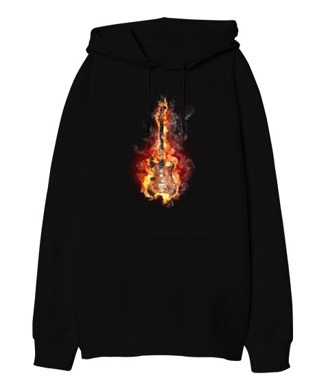 Tisho - Müziğin Ateşi Siyah Oversize Unisex Kapüşonlu Sweatshirt