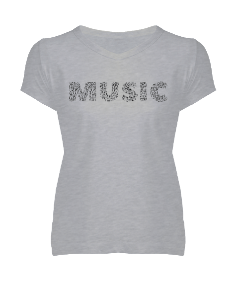 Tisho - Müzik 1 Gri Kadın V Yaka Tişört