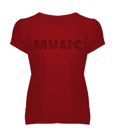 Tisho - Müzik 1 Kırmızı Kadın V Yaka Tişört