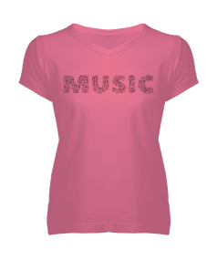 Tisho - Müzik 1 Pembe Kadın V Yaka Tişört