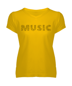 Müzik 1 Sarı Kadın V Yaka Tişört - Thumbnail