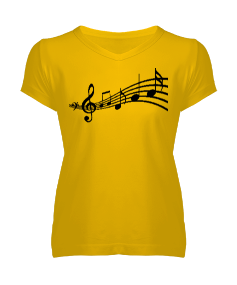 Tisho - Müzik 2 Sarı Kadın V Yaka Tişört