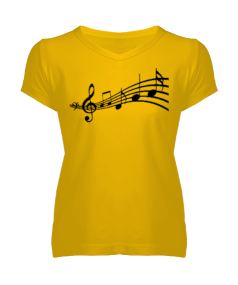 Müzik 2 Sarı Kadın V Yaka Tişört - Thumbnail
