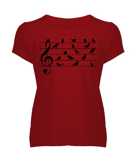 Tisho - Müzik 3 Kırmızı Kadın V Yaka Tişört