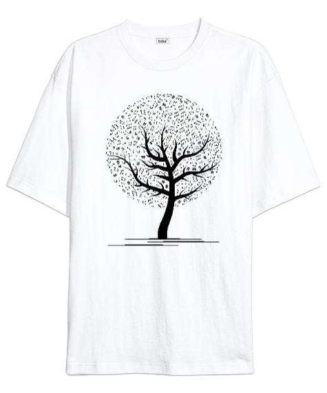 Tisho - Müzik Ağacı - Notalar Beyaz Oversize Unisex Tişört