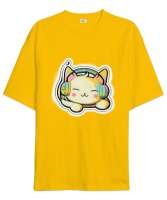Müzik dinleyen minik kedicik baskılı Sarı Oversize Unisex Tişört - Tisho