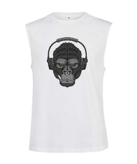 Tisho - Müzik Dinleyen Sinirli Güçlü Orangutan Özel Tasarım Fitness Motivasyon Beyaz Kesik Kol Unisex Tişört