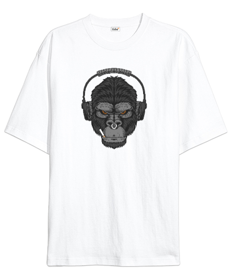 Tisho - Müzik Dinleyen Sinirli Güçlü Orangutan Özel Tasarım Fitness Motivasyon Beyaz Oversize Unisex Tişört