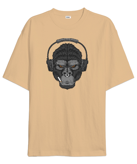 Tisho - Müzik Dinleyen Sinirli Güçlü Orangutan Özel Tasarım Fitness Motivasyon Camel Oversize Unisex Tişört