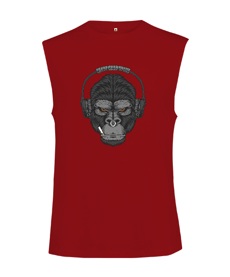 Tisho - Müzik Dinleyen Sinirli Güçlü Orangutan Özel Tasarım Fitness Motivasyon Kırmızı Kesik Kol Unisex Tişört