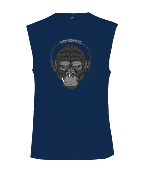 Tisho - Müzik Dinleyen Sinirli Güçlü Orangutan Özel Tasarım Fitness Motivasyon Lacivert Kesik Kol Unisex Tişört