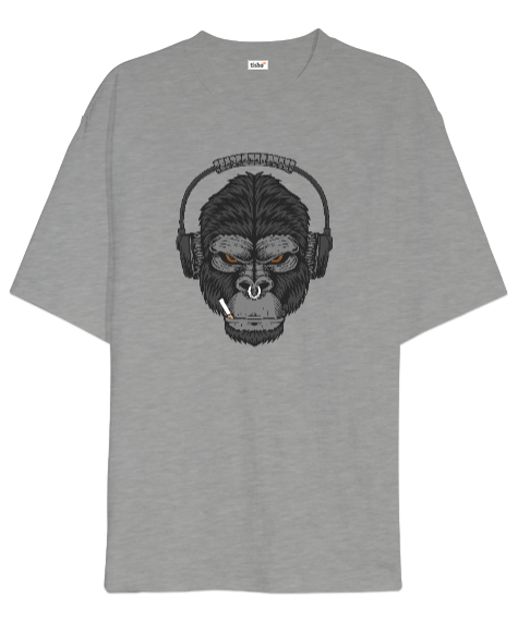 Tisho - Müzik Dinleyen Sinirli Güçlü Orangutan Özel Tasarım Gri Oversize Unisex Tişört