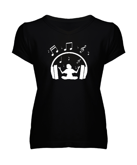 Tisho - Müzik Meditasyon Siyah Kadın V Yaka Tişört