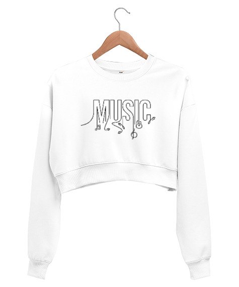 Tisho - Müzik ve İkonlar- Music Beyaz Kadın Crop Sweatshirt
