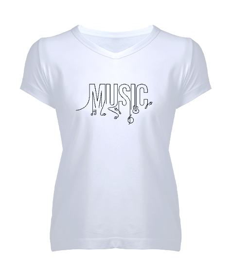 Tisho - Müzik ve İkonlar- Music Beyaz Kadın V Yaka Tişört