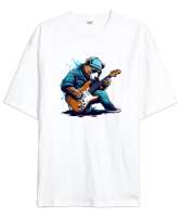 Müzisyen Gitarist Ayı - Bear Rock And Roll Beyaz Oversize Unisex Tişört - Tisho
