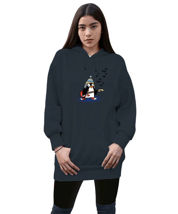 Tisho - Müzisyen penguen Kadın Uzun Hoodie Kapüşonlu Sweatshirt