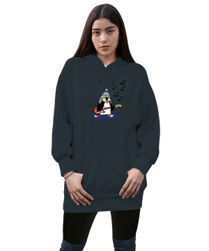 Müzisyen penguen Kadın Uzun Hoodie Kapüşonlu Sweatshirt - Tisho