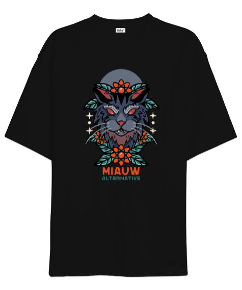 Tisho - Mystic Cat, Mistik Kedi Siyah Oversize Unisex Tişört