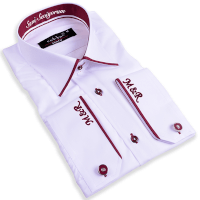 Nakış İşlemeli Sil Fit Erkek Beyaz Bordo Gömlek - Tisho