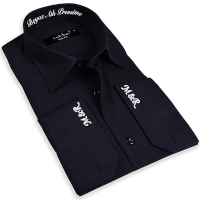 Nakış İşlemeli Slim Fit Erkek Siyah Gömlek - Tisho