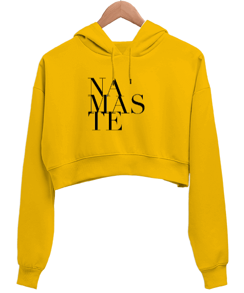 Tisho - Namaste Baskılı Sarı Kadın Crop Hoodie Kapüşonlu Sweatshirt