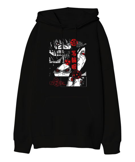 Tisho - Naruto Anime Sasuke ve İtachi Tasarım Baskılı Siyah Oversize Unisex Kapüşonlu Sweatshirt