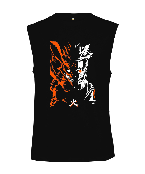 Tisho - Naruto Anime Tasarım Baskılı Siyah Kesik Kol Unisex Tişört