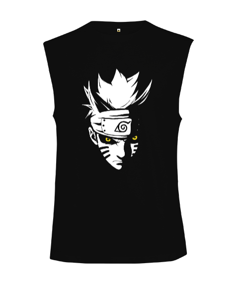 Tisho - Naruto Anime Tasarım Baskılı Siyah Kesik Kol Unisex Tişört