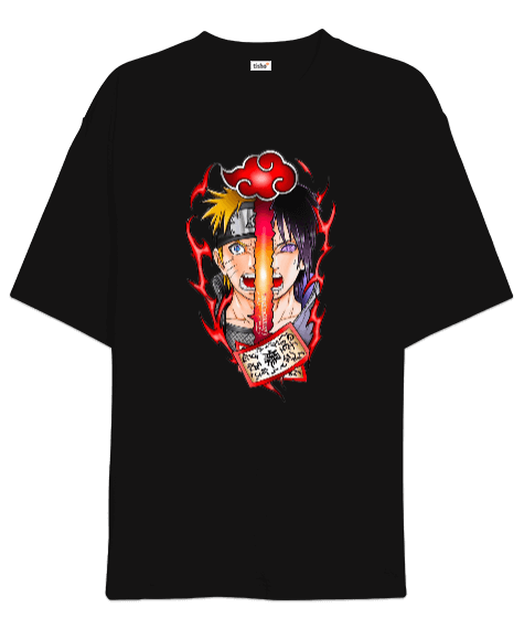 Tisho - Naruto ve Sasuke Anime Tasarım Baskılı Oversize Unisex Tişört
