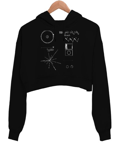 Tisho - NASA Voyager Tasarım Baskılı Siyah Kadın Crop Hoodie Kapüşonlu Sweatshirt