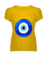 Nazar boncuğu Sarı Kadın V Yaka Tişört - Tisho