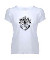 Nazar Değmesin - Nazarlık V1 Beyaz Kadın V Yaka Tişört - Tisho