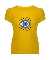 Nazar Değmesin - Nazarlık V2 Sarı Kadın V Yaka Tişört - Tisho