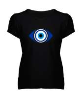 Nazar Değmesin - Nazarlık V3 Siyah Kadın V Yaka Tişört - Tisho