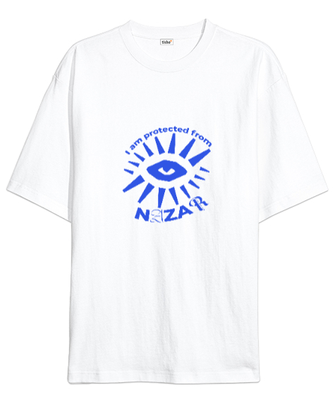 Nazardan Koruyan Beyaz Oversize Unisex Tişört - Tisho
