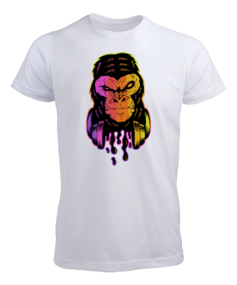 Tisho - Neon Işıklı Damlacıklı Sinirli Özel Tasarım Orangutan Beyaz Erkek Tişört