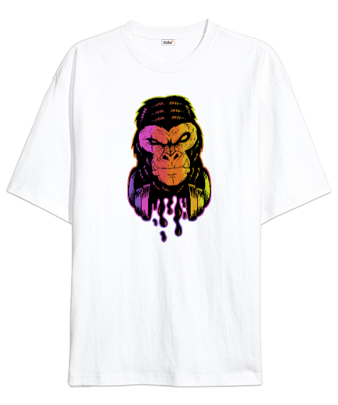 Tisho - Neon Işıklı Damlacıklı Sinirli Özel Tasarım Orangutan Beyaz Oversize Unisex Tişört