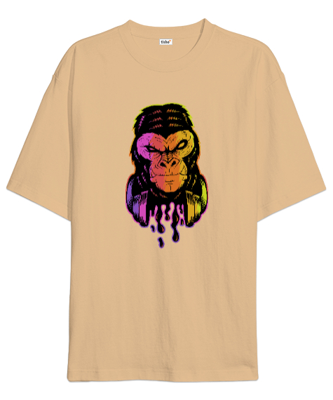 Tisho - Neon Işıklı Damlacıklı Sinirli Özel Tasarım Orangutan Camel Oversize Unisex Tişört