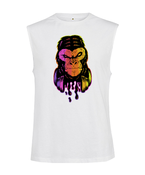 Tisho - Neon Işıklı Damlacıklı Sinirli Özel Tasarım Orangutan Fitness Beyaz Kesik Kol Unisex Tişört